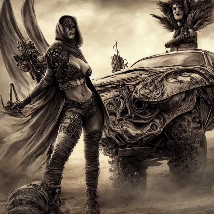 Prompt: beautiful apocalyptic woman in hooded cloak, standing on mad max muscle car, hyper-detailed, smooth, sharp focus, 4k ultra hd, fantasy dark art, tank girl, artgerm, artstation, octane render, elegant, detailed digital painting, apocalyptic art, gears of war, unreal engine, cryengine