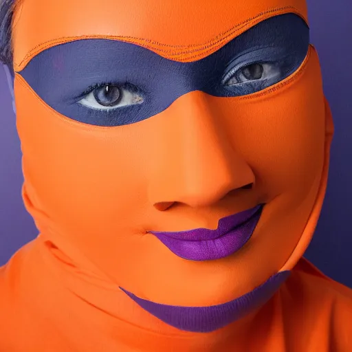 Image similar to portrait of a woman wearing a orange mask, orange background, studio lighting