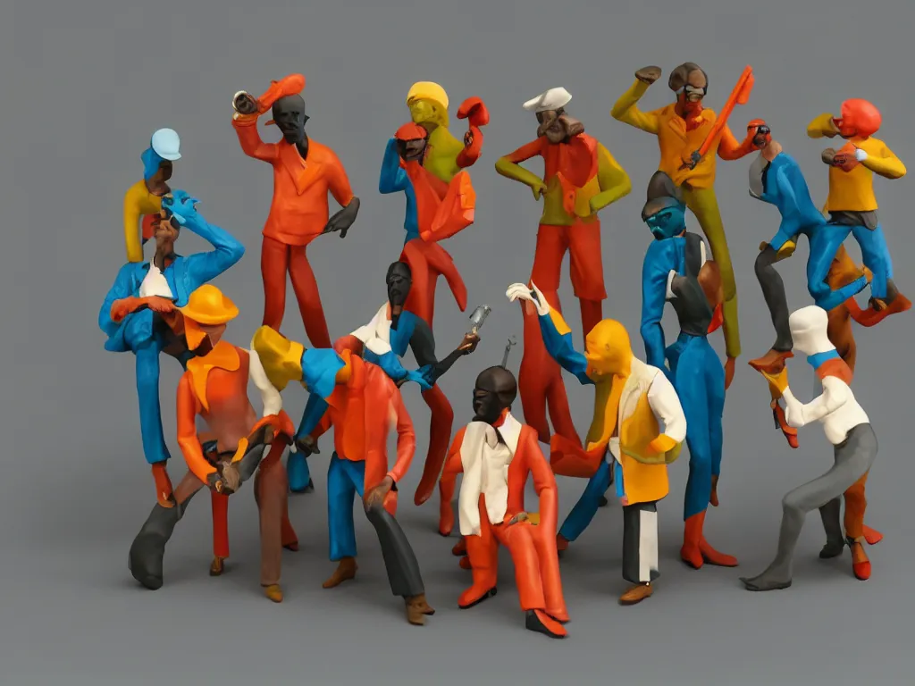 Image similar to 5 member funk band, thermoplastic - elastomer figurines, retro - vintage, neo soul, mixed media with claymorphism, matte color palette, designed by artstationhq, retro, 3 - dimensional, gouache 3 d shading, tilt shift, low fi,