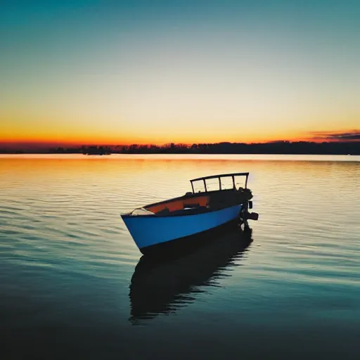 Image similar to a photo of a house, boat on the water, sunset