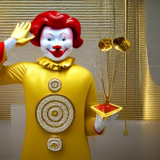 Image similar to a still of ronald mcdonald surrounded by gold and diamonds, award - winning, photograph, 3 d render, unreal engine, 4 k detailed