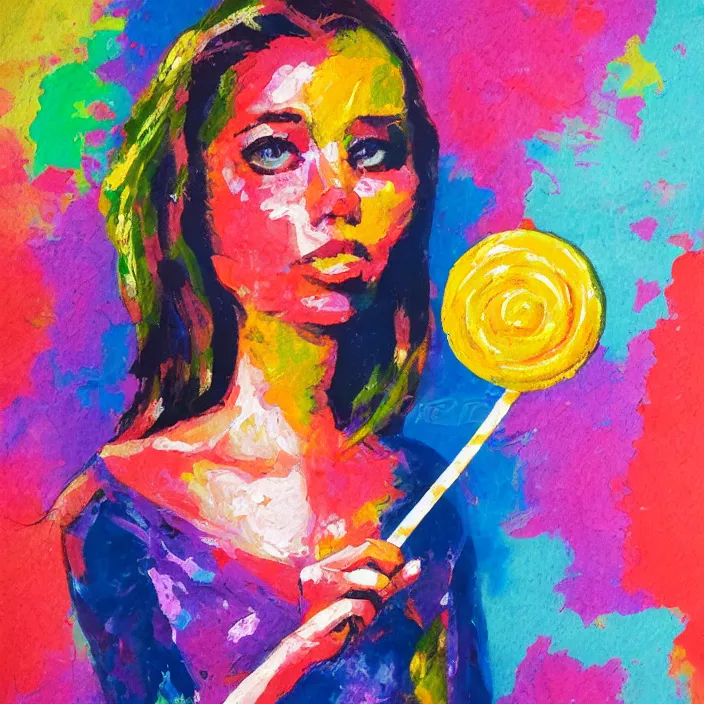 Image similar to portrait of beautiful woman licking a lollipop painted with colorful gouache impasto