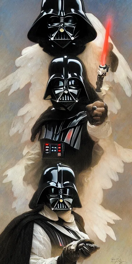 Prompt: Darth Vader as a beautiful angel, by Stanley Artgerm Lau , greg rutkowski, thomas kindkade, alphonse mucha