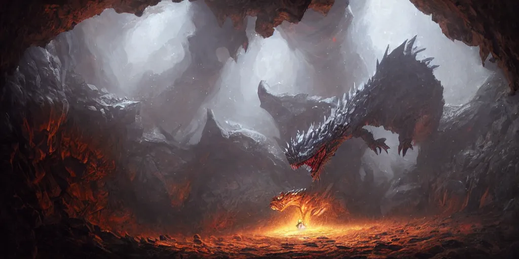Prompt: closed up oil painting of one deathwing dragon from world of warcraft in a cave by greg rutkowski