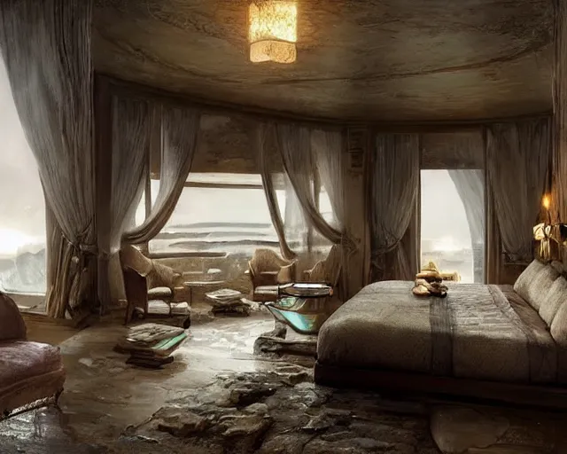 Image similar to a luxury hotel! suite room in the style of prehistoric! iceage, art by greg rutkowski and artgerma, stunning! concept art, interior! design