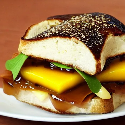 Prompt: foie gras sandwich with mango covered with huge amount of honey, bad, grainy and blurry amateur photo