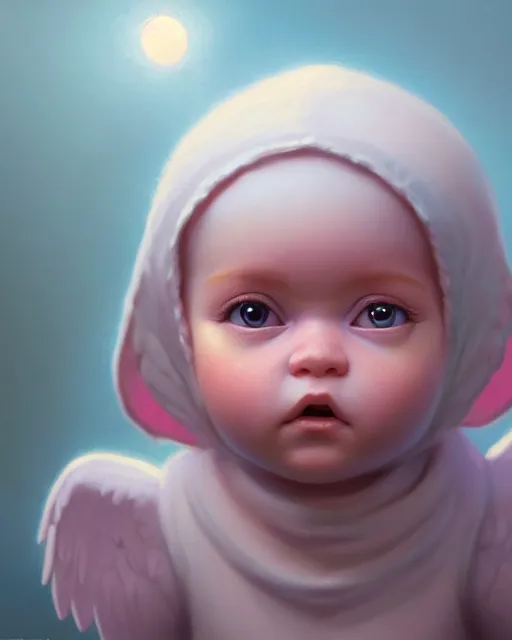 Image similar to highly detailed vfx portrait of a baby cherub angel character wearing a balaclava, stephen bliss, unrealengine, greg rutkowski, loish, rhads, beeple, makoto shinkai and lois van baarle, ilya kuvshinov, rossdraws, tom bagshaw,