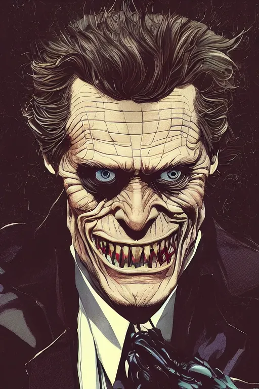 Image similar to willem dafoe in batman returns, full body, big two toned eyes, teeth gritted, horror, intricate details, cinematic, epic, realistic, anatomy, tomer hanuka, uplight, artstation, photorealistic, scary