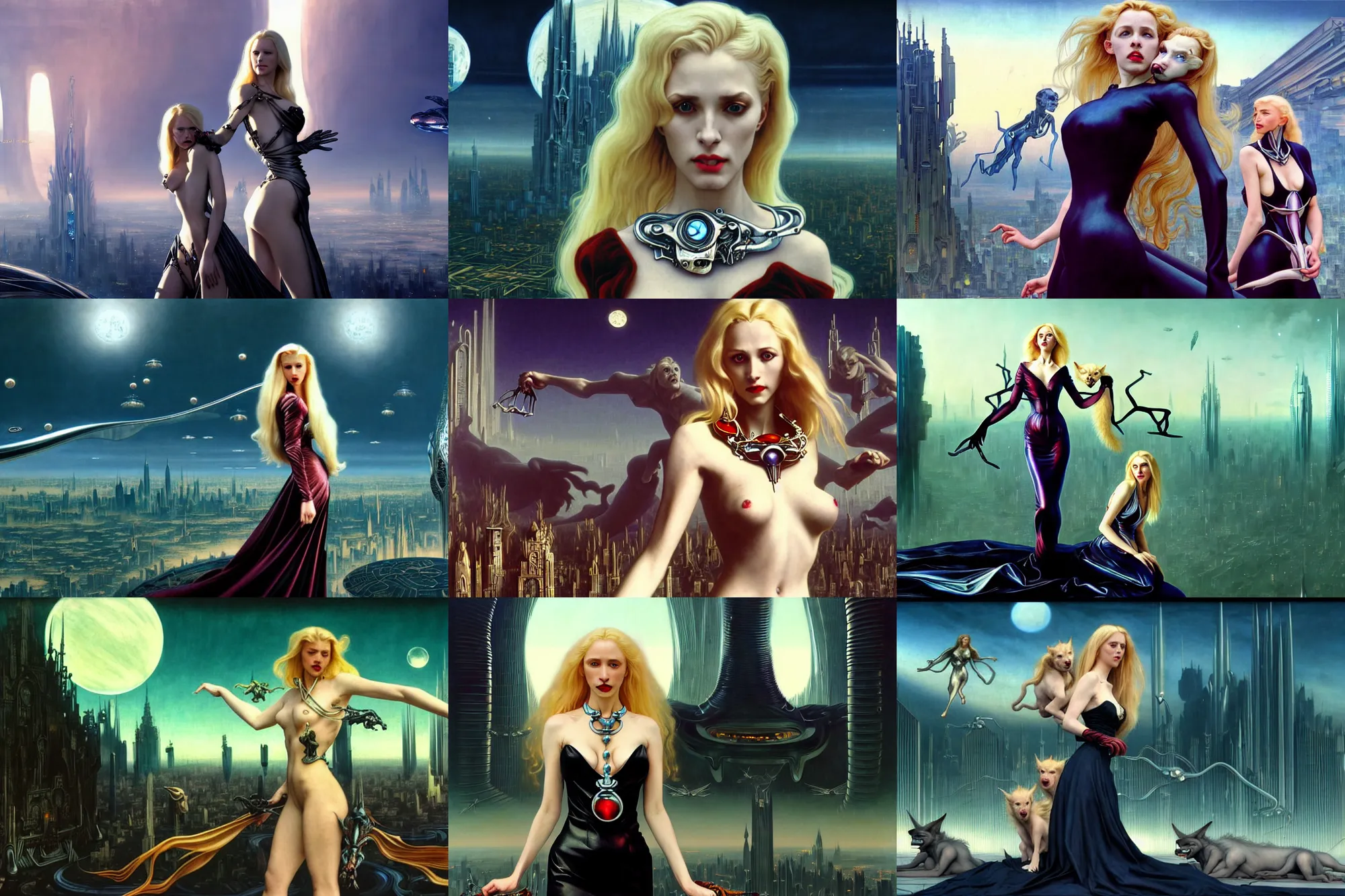 Prompt: realistic detailed movie shot of a beautiful blond vampire woman with a cerberus, futuristic city background by denis villeneuve, amano, yves tanguy, alphonse mucha, max ernst, kehinde wiley, caravaggio, roger dean, cyber necklace, rich moody colours, sci fi patterns, wide angle