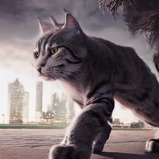 Image similar to giant cat invading detroit, dslr, 8 k, octane beautifully detailed render, detailed lighting, cinematic lighting, detailed photo, masterpiece, volumetric lighting, ultra realistic, highly detailed, high quality, lossless, photorealistic