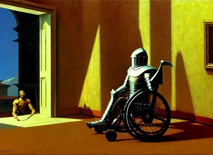 Image similar to knight in rich armor in a wheelchair do tricks & watch old tv, rome, highly detailed, soft lighting, elegant, by edward hopper and james gillard, zdislaw beksinski, stephen outram, andreas m wiese, carl spitzweg, syd mead, highly detailed, masterpiece, unreal 6, 8 k