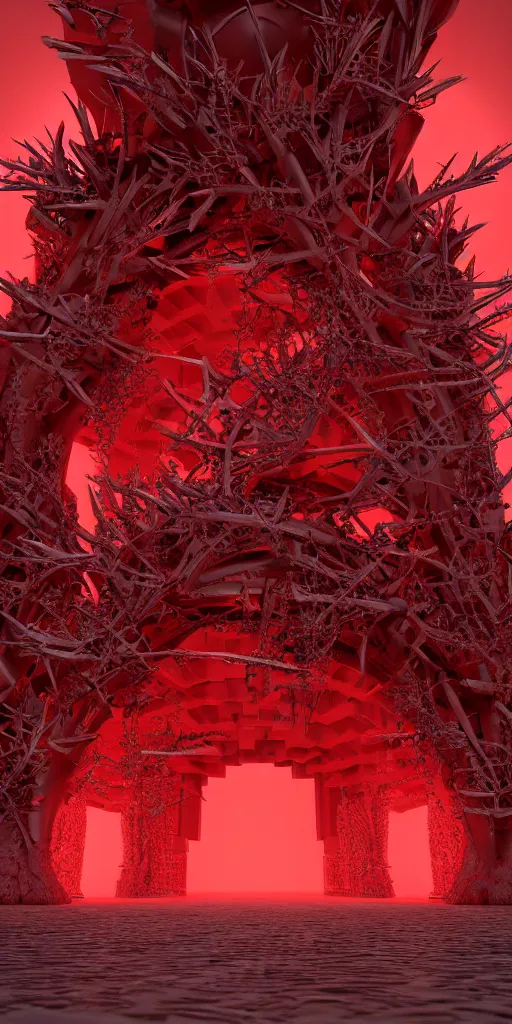 Prompt: 3 d render of a carved red torii gate infected by mushroom, sculpture, chrometype, neotribal with thorns and thunders, raytraced, volumetric lightning, 8 k, by zhelong xu, ouchh and and innate studio