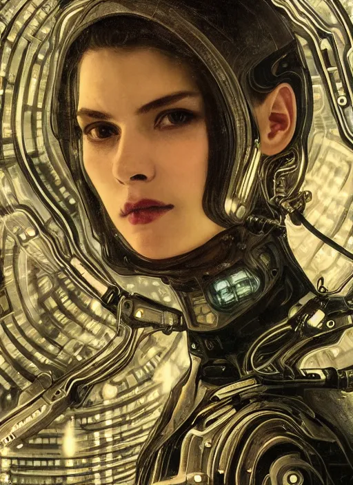 Image similar to 6 5 mm film still masterpiece portrait photo of a woman, sci - fi, techwear, biotech, cyberpunk, blade runner, cyborg, grainy, withered, worn, glowing lights, 4 k, sharp focus, intricate art by artgerm and greg rutowski and alphonse mucha