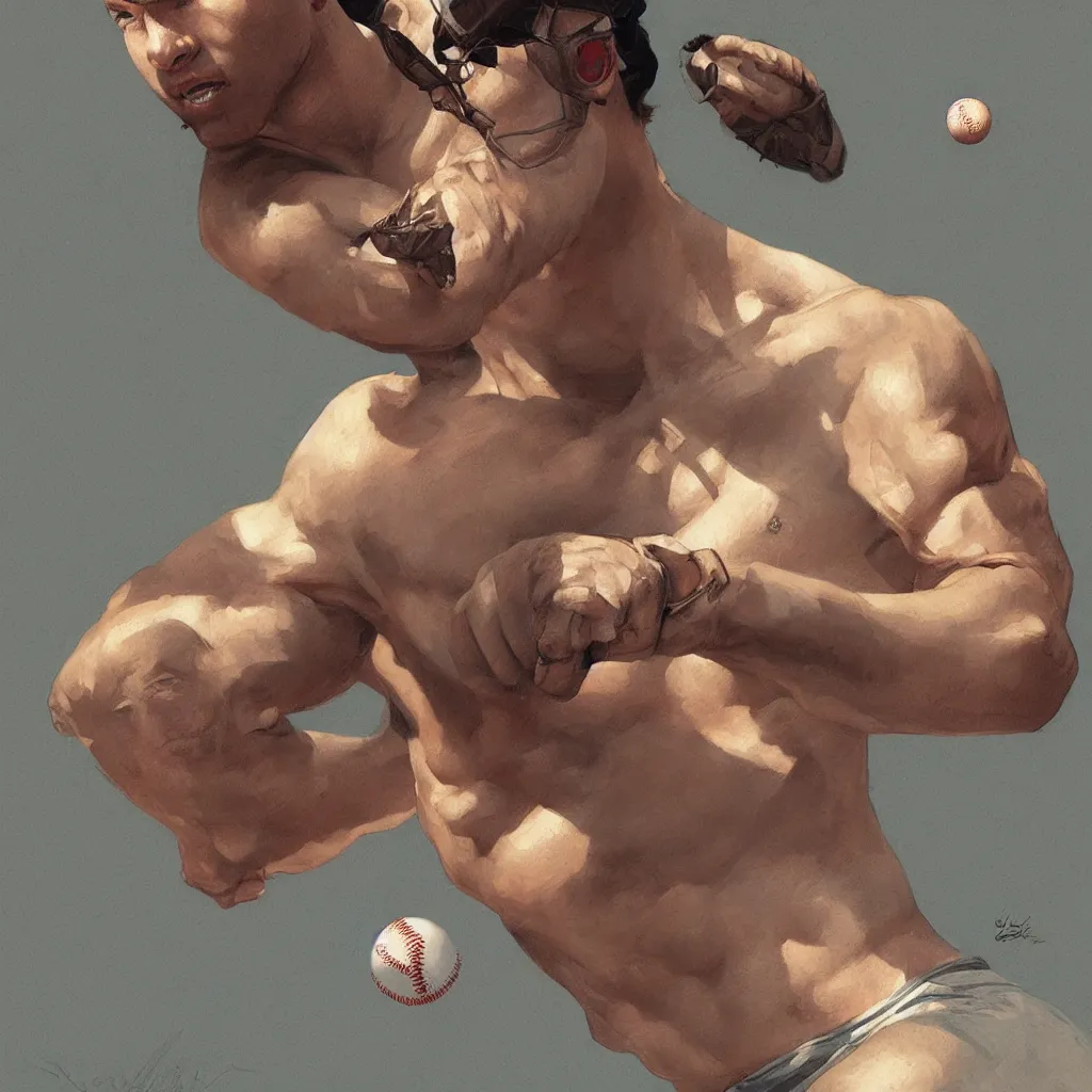 Prompt: a young baseball player is flying a baseball, male, gorgeous, detailed face, amazing, thighs, the feeling of summer, muscular, intricate, highly detailed, digital painting, artstation, concept art, sharp focus, illustration, art by greg rutkowski and alphonse mucha