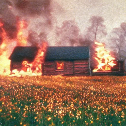 Image similar to vhs 1 9 8 0 s footage of a scene from the movie midsommar, center of screen a - line shaped wooden cabin on fire center of screen, field of flowers