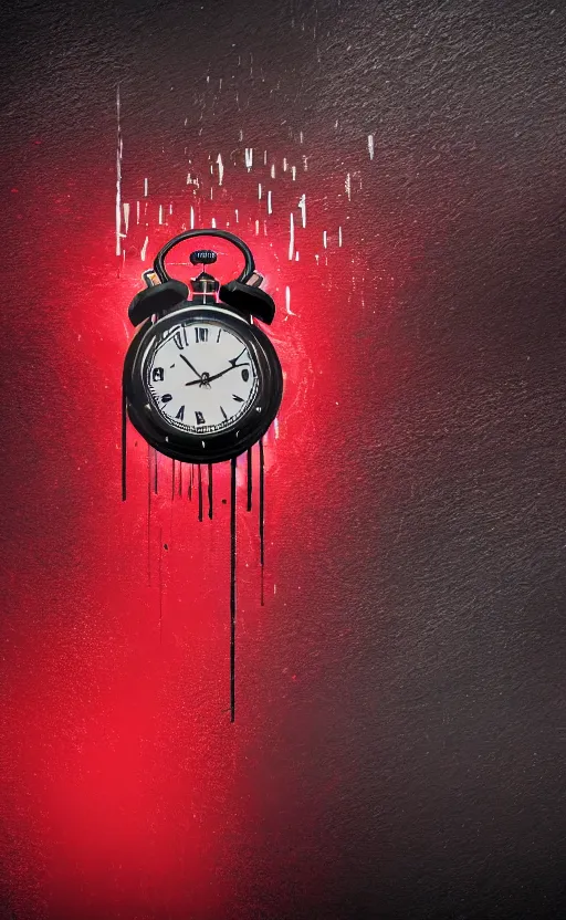 Image similar to a melting Roman numeral clock, behind a red and black gradient background, awith a black heart shaped on the top left corner and a black diamond card shape in the bottom right corner, dynamic lighting, photorealistic fantasy concept art, trending on art station, stunning visuals, cinematic, creative, ultra detailed