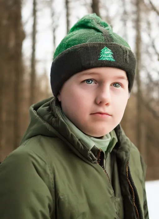 Image similar to portrait photo still of real life young stan marsh wearing a green trapper hat, 8 k, 8 5 mm, f. 1 4