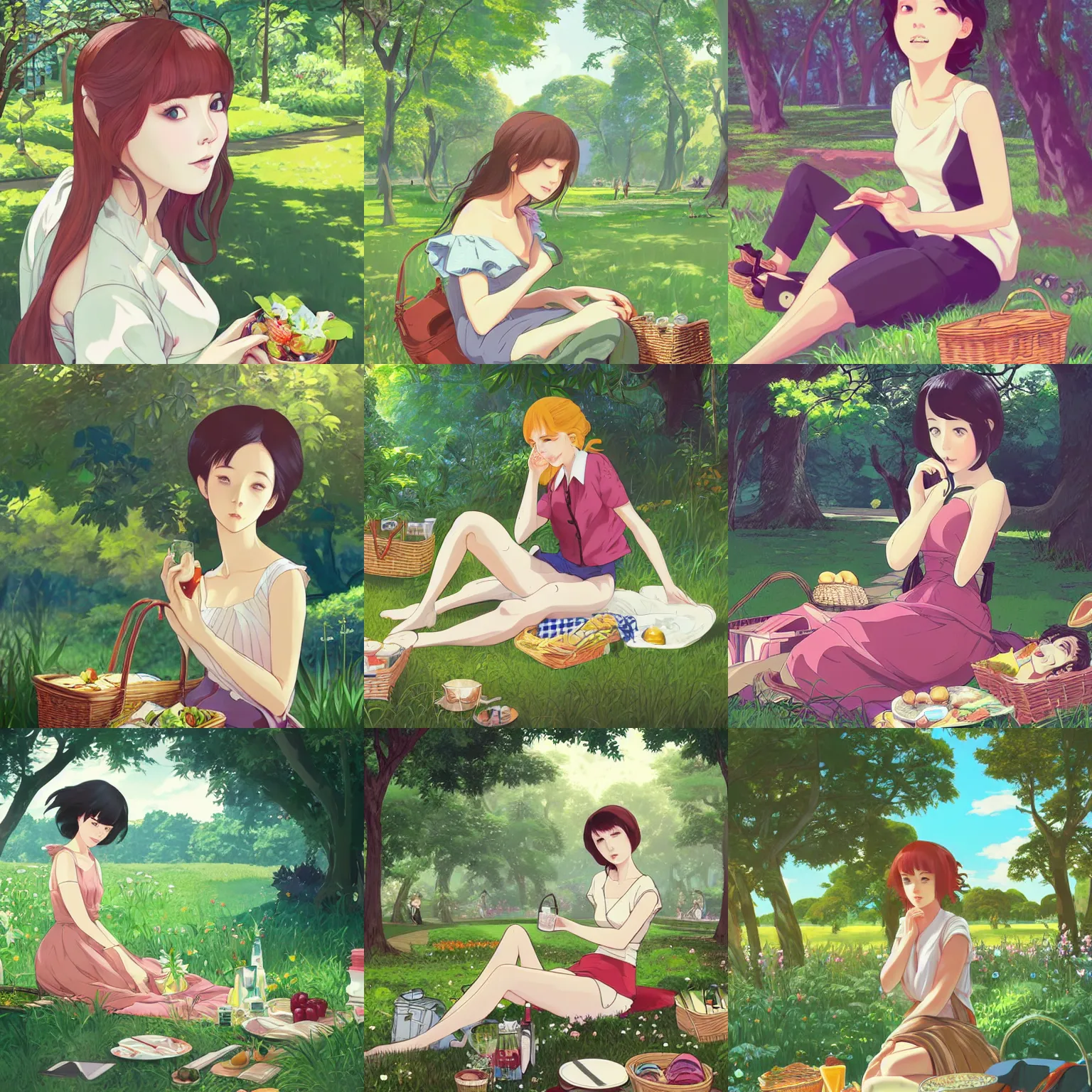 Prompt: woman having a picnic in a lush park, finely illustrated face, highly detailed, digital painting, studio ghibli key visual, in the style of ilya kuvshinov and range murata and alphonse mucha