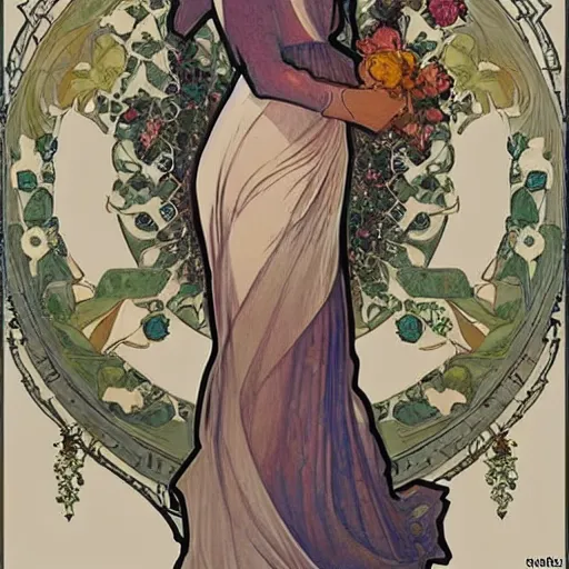 Image similar to modern woman in beautiful dress. mucha style. epic composition. highly detailed.