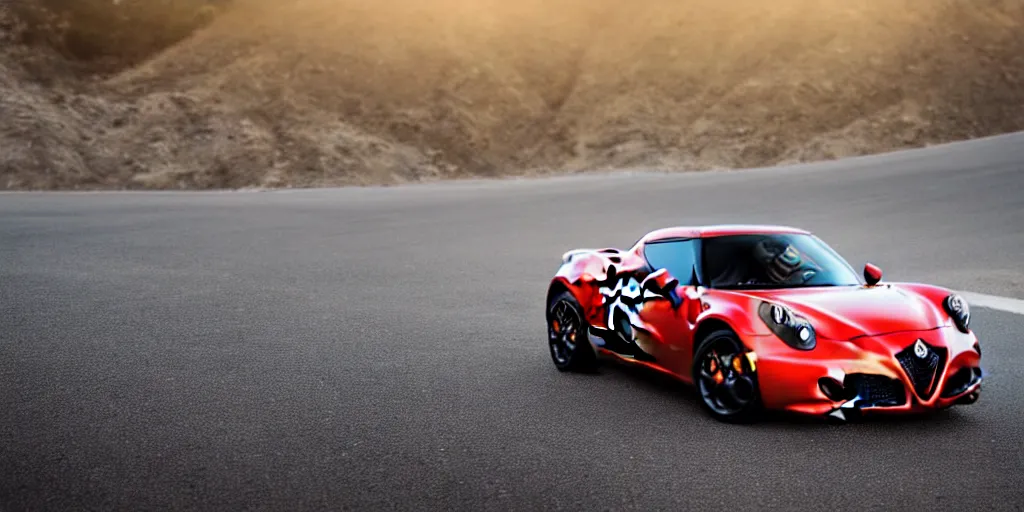 Image similar to Hot Wheels, 2015 Alfa Romeo 4C, cinematic, PCH, california coast, 8k, depth of field, bokeh.