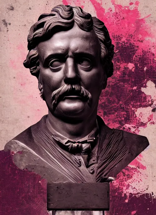 Image similar to elegant dark design poster showing a beautiful greco roman statue of friedrich nietzsche, black background with very subtle red and purple design elements, bold, powerful, nekro, vito acconci, thin straight purple lines, dark, glitch art, neo vaporwave, gritty, layout frame, square, trending on artstation