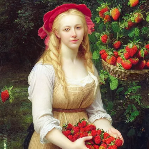 Image similar to A beautiful Blonde Woman with lushes Locks selling strawberries in the style of Sophie Anderson, Portrait