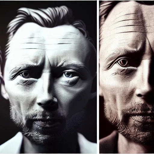 Image similar to collages, hyper realistic, many variations portrait of very old thom yorke, face variations, singer statue of ultron by jama jurabaev, very long shot, trending on artstation, high quality, brush stroke, for aaa game,