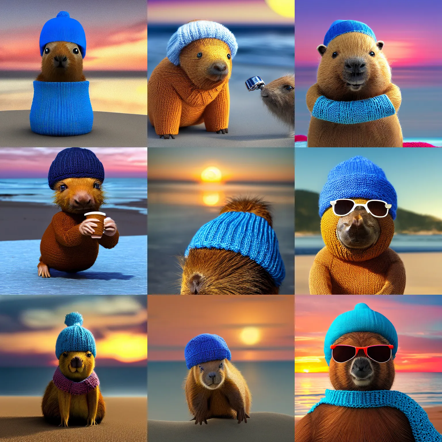 Prompt: a photorealistic photograph of a knitted cute Capybara dressed in sunglasses and a blue beanie cap. The subject is sipping out of a refreshing Mai Tai drink at the beach during sunset. The image is Trending on Artstation, featured on Behance, well-rendered, extra crisp image, intricate detail, Unreal Engine, 4K HD