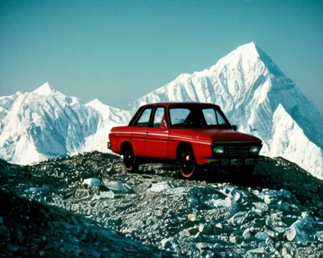Image similar to a lomographic photo of old lada 2 1 0 7 standing on top of the mount everest, cinestill, bokeh