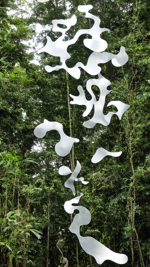Prompt: clouds reflected in a large and organic chrome sculpture by jean arp, in a lush rainforest