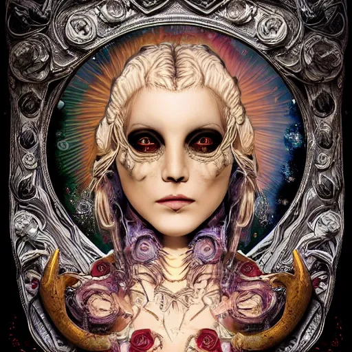 Image similar to blonde girl in a cosmic dress, full-body tattoos, ornate, rococo, grotesque, zbrush art, majestic, organics, silver filigree, colorful, dark fantasy, celtic knot, anatomical, h r giger style, moebius, frank frazetta, ornate, art nouveau, symmetrical, turquoise jewelry, red smoke, roses, unbiased render, rotten, Emil melmoth, eerie, macabre, haunting + insanely detailed and intricate, floral, faded pink, hypermaximalist, elegant, vintage, hyper realistic, super detailed, pastel colors,