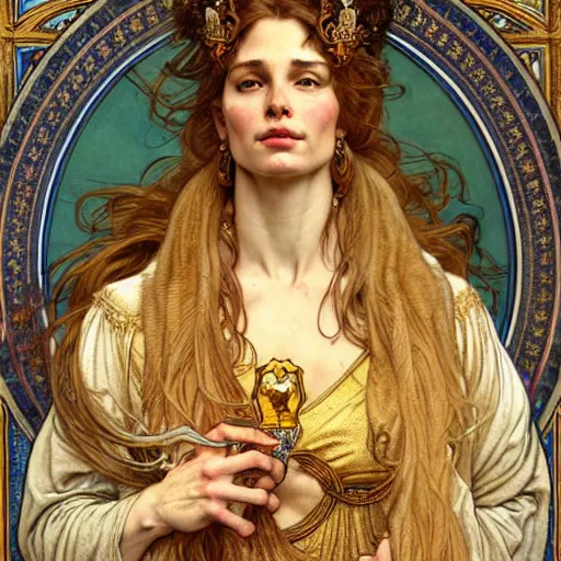 Image similar to highly detailed portrait of a majestic lioness queen in the form of a beautiful woman. d & d, art by anton pieck and augustus edwin mulready and alphonse mucha and magali villeneuve. trending on artstation, intricate details, energetic composition, golden ratio, concept art, illustration, elegant art