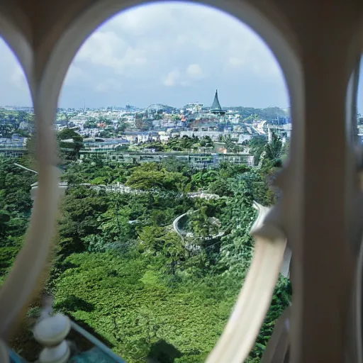 Prompt: makoto shinkai view from castle balcony overlooking kingdom