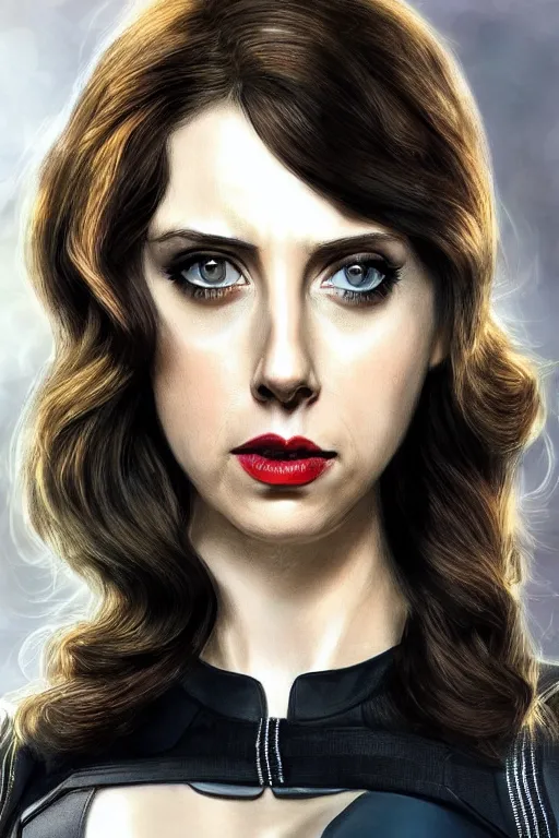 Prompt: alison brie as black widow in the avengers, portrait realistic photograph, very detailed face