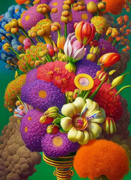 Prompt: hyper detailed illustration like a Oil painting - a vivid exotic flower bouquet, long petals, huge blossoms, by Jacek Yerka, Mariusz Lewandowski, Houdini algorithmic chromatic colors, long brush strokes, Masterpiece, Edward Hopper and James Gilleard, Zdzislaw Beksinski, Mark Ryden, Wolfgang Lettl, hints of Yayoi Kasuma, octane render, 8k