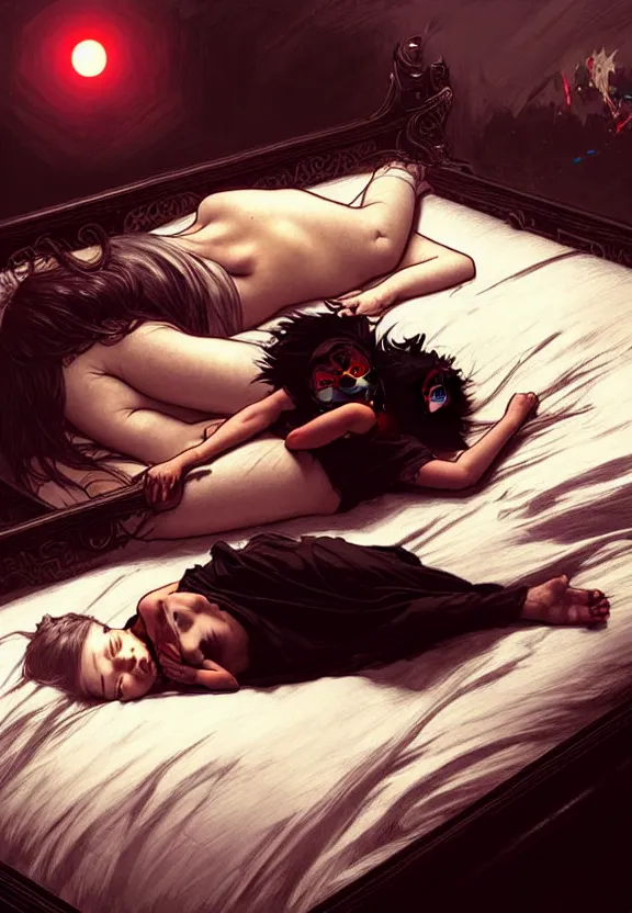 Image similar to a black smoked demon with red eyes floating above the bed of a sleeping child, fantasy magic, dark light night, intricate, elegant, sharp focus, illustration, highly detailed, digital painting, concept art, matte, art by wlop and artgerm and greg rutkowski and alphonse mucha, masterpiece