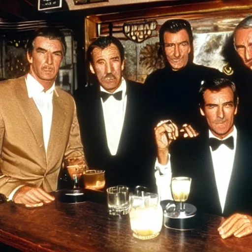 Prompt: Pierce Brosnan, Sean Connery, Daniel Craig, Roger Moore, Timothy Dalton and George Lazenby sitting in an Irish pub drinking beers and laughing