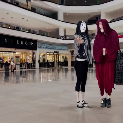 Prompt: security camera footage of two witches performing a summoning ritual in the middle of a mall