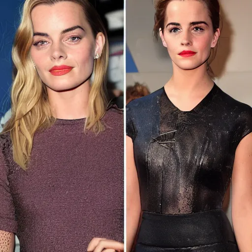 Image similar to a woman who is a genetic combination of margot robbie and emma watson face and upper - body focus