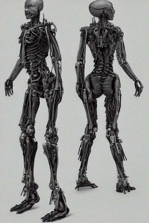 Prompt: a female transformer with gunmetal grey skin, medical anatomy, very symmetrical face, highly detailed, three - perspective / three - view reference sheet ( front / back / side ), in the style of vitaly bulgarov, steven jung, matt tkocz, amanda lilleston, hr giger, mecha, artstation, unreal engine