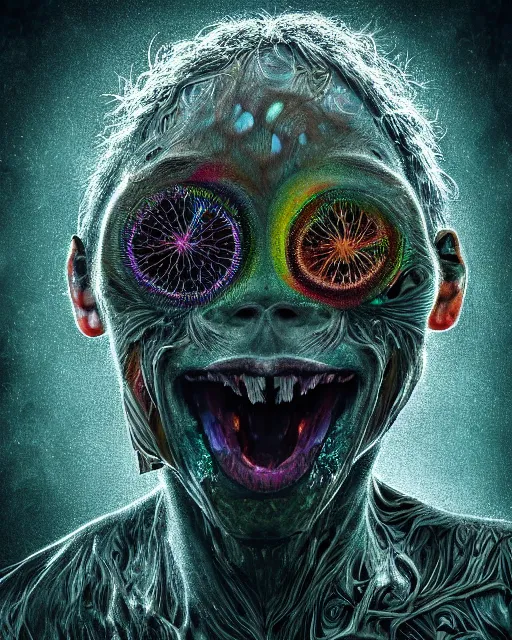 Image similar to realistic portrait of a creature experiment gone wrong, psychedelic, dark art, facing camera, photo realistic, detailed, 1 4 5 0, delicate, hyper realism, ultra realistic, 8 k