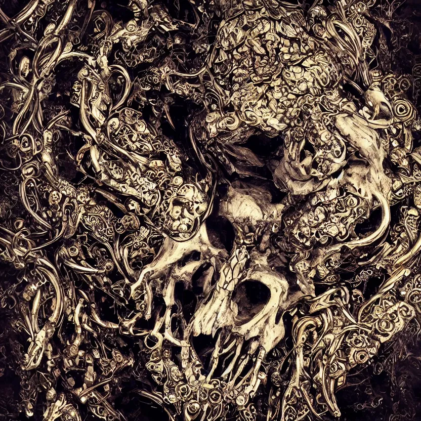 Image similar to photo of skull of wolf, lying on bones, dramatic lighting, circural, golden ornaments, symmetric, intricate skeletal decorations, symmetry, highly detailed, concept art, black, red, white, gold layers, centered, style of nekroxiii, hyperrealistic, dark background, smoke