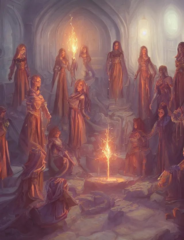 Prompt: the order of sisters of divinity. this oil painting by the award - winning concept artist has cinematic lighting, an interesting color scheme and intricate details.