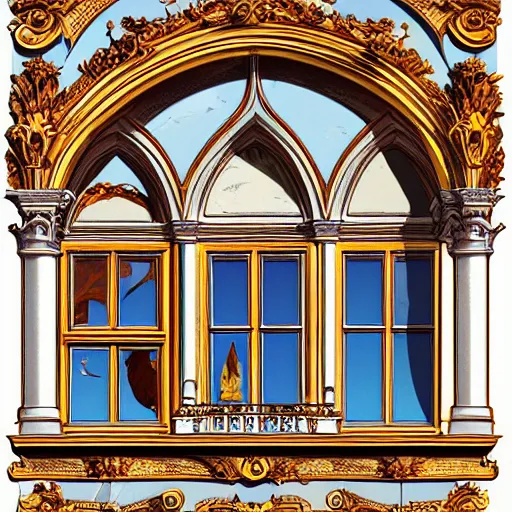 Image similar to digital illustration of a beautiful window open front view, complete window!, realis aesthetic, achenbach, andreas, angelico, fra, bellotto, bernardo, ornate, russian style, colorful architectural drawing, behance contest winner, vintage frame window