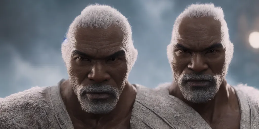 Image similar to a film still of a black man starring in a japanese blockbuster film as heihachi from tekken, shallow depth of field, cinematic, award winning cgi, vfx, film still