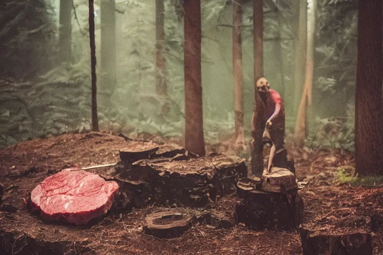 Image similar to terrible dark forest in the depths of which there is a large butcher chopping meat on a wooden stump from Dota 2 filmed hidden on a phone camera, Cinematic, wildlife photography, 35mm, photo on iphone