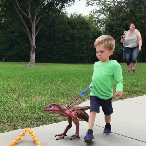 Prompt: a kid at the park walking a velociraptor with a leash