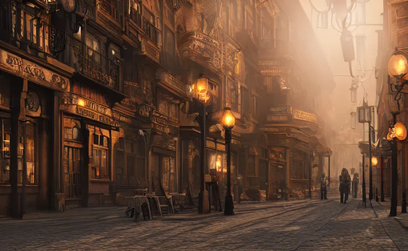 Prompt: photorealistic steampunk city streets. daylight. sunlight. lens flare. light fixtures. 8K. detailed. photorealism. artstation. 25mm f/1.7 ASPH Lens. ultra realistic