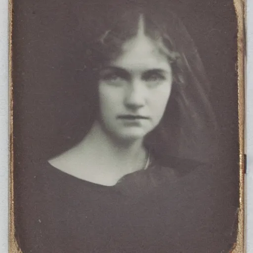 Prompt: antique photograph of a beautiful woman, sad eyes, cracked and faded photo paper, staring at the camera, headshot, dark background, low light, dark