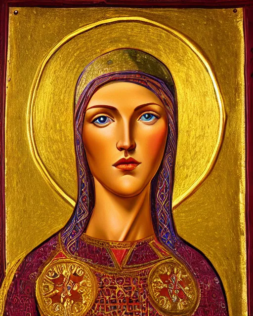 Image similar to byzantine fresco portrait of woman in shining golden armor, high production value, intricate details, high resolution, hdr, high definition, masterpiece, realistic, ultrarealistic, highly detailed, hd, sharp focus, non blurry, sharp, smooth